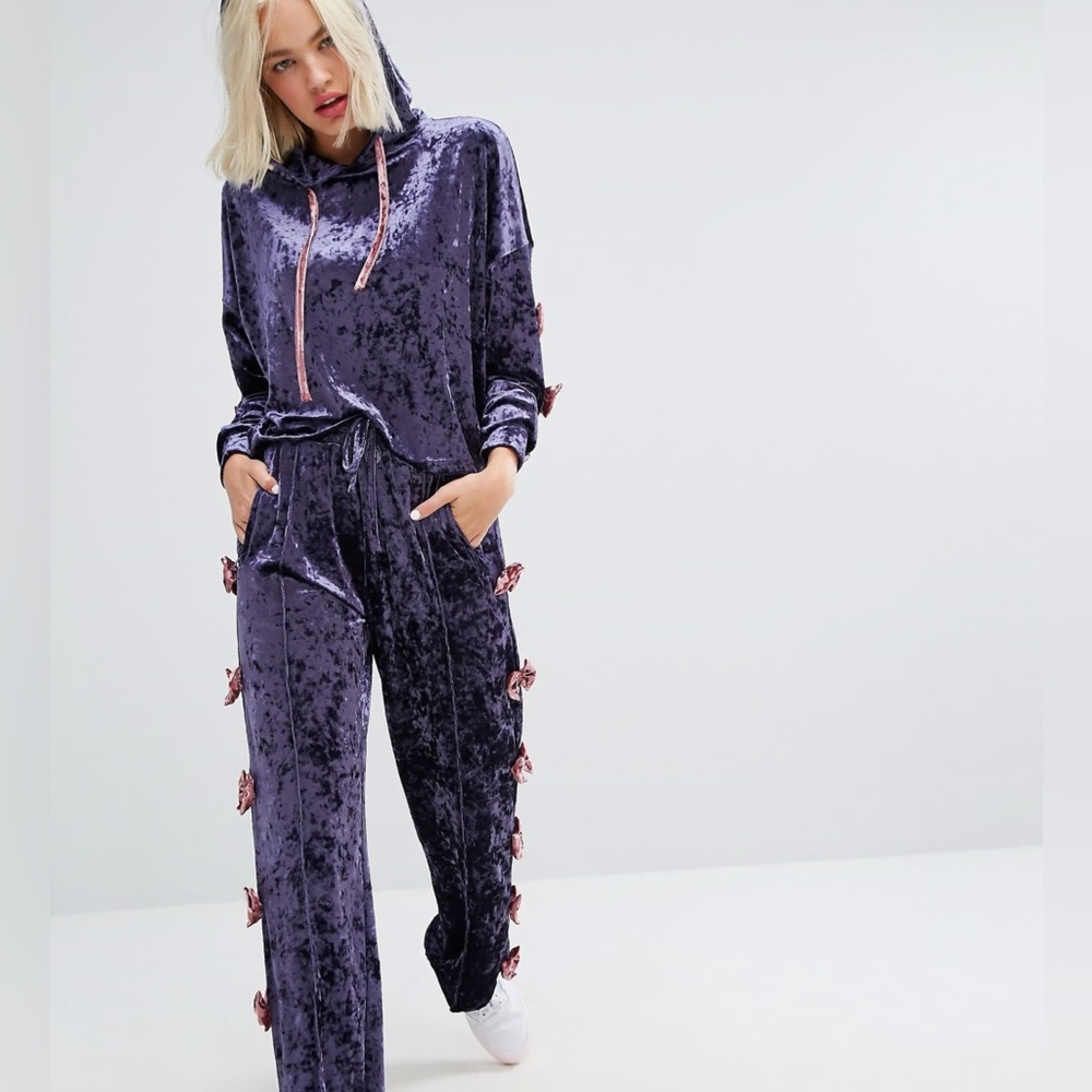 Lazy Oaf Cropped Hoodie With Bow Side Detail In Luxe Velvet Co-Ord Size Medium